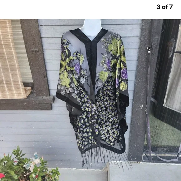 Peacock Embroidered Silk Velvet Trimmed Fringed Black Sheer Kimono